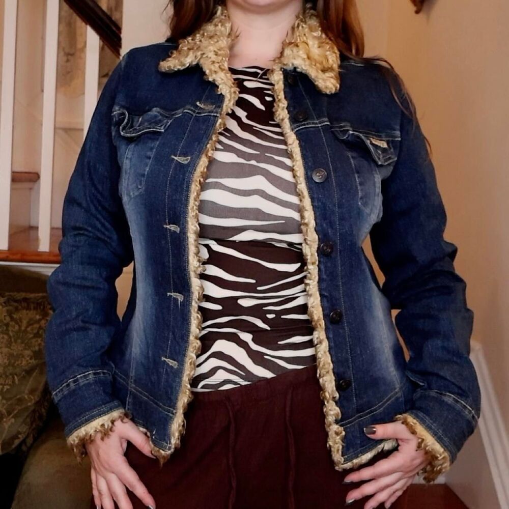 Y2K Billabong Denim Faux Fur Trim Jacket Medium Collar Cuffs Dark Jean Layering